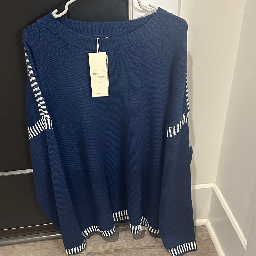 Navy Blue Striped Women's Sweater Cardigan